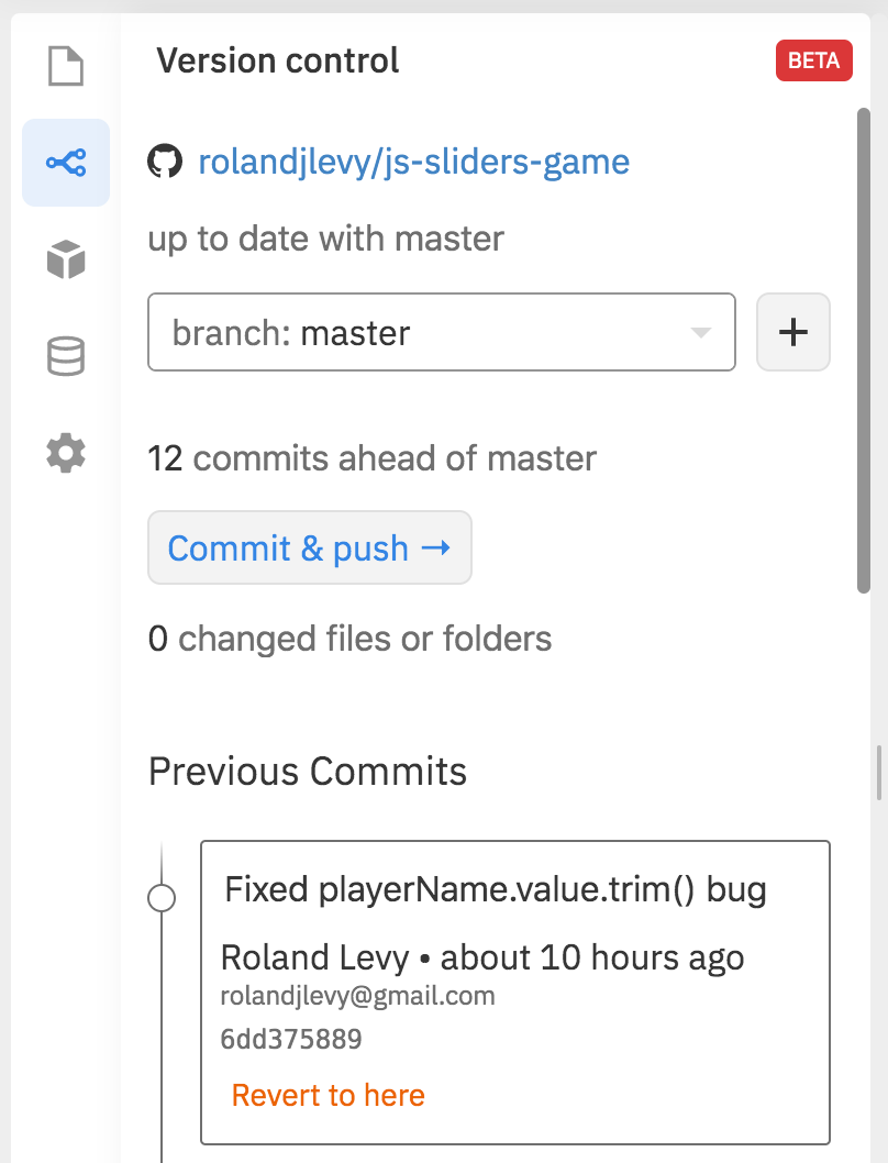 Version control message: 12 commits ahead of master - Replit