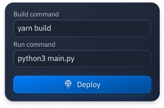 An example of deployments build and run commands, such as what you'd see in a package.json file.