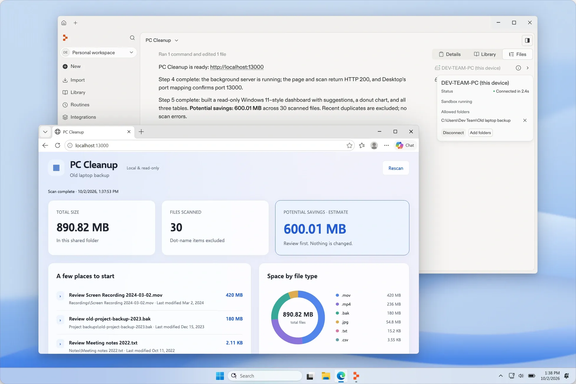 The Replit desktop app on Windows: Replit reports a finished build next to the PC Cleanup dashboard it built, running locally at localhost:13000.