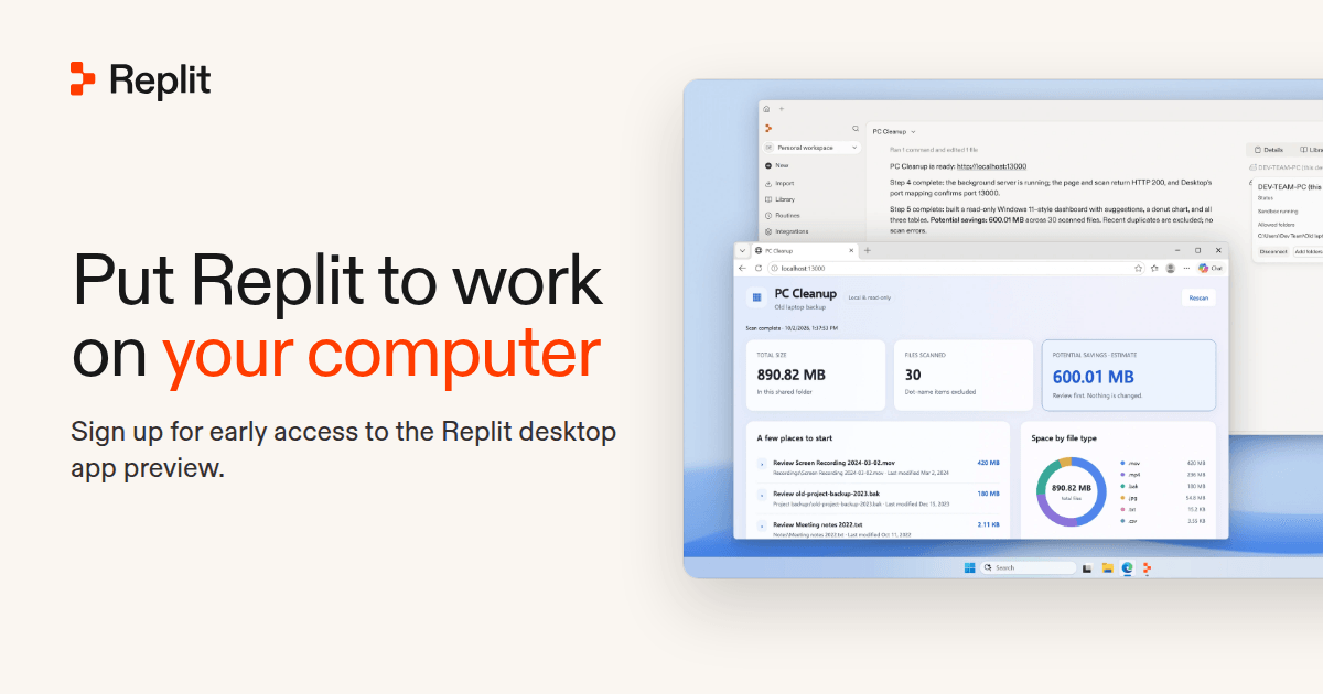 Excited to announce the Replit desktop app preview with @​Microsoft (@​msdev).

On @​Windows, Replit builds and runs apps locally, and each build runs in its ow