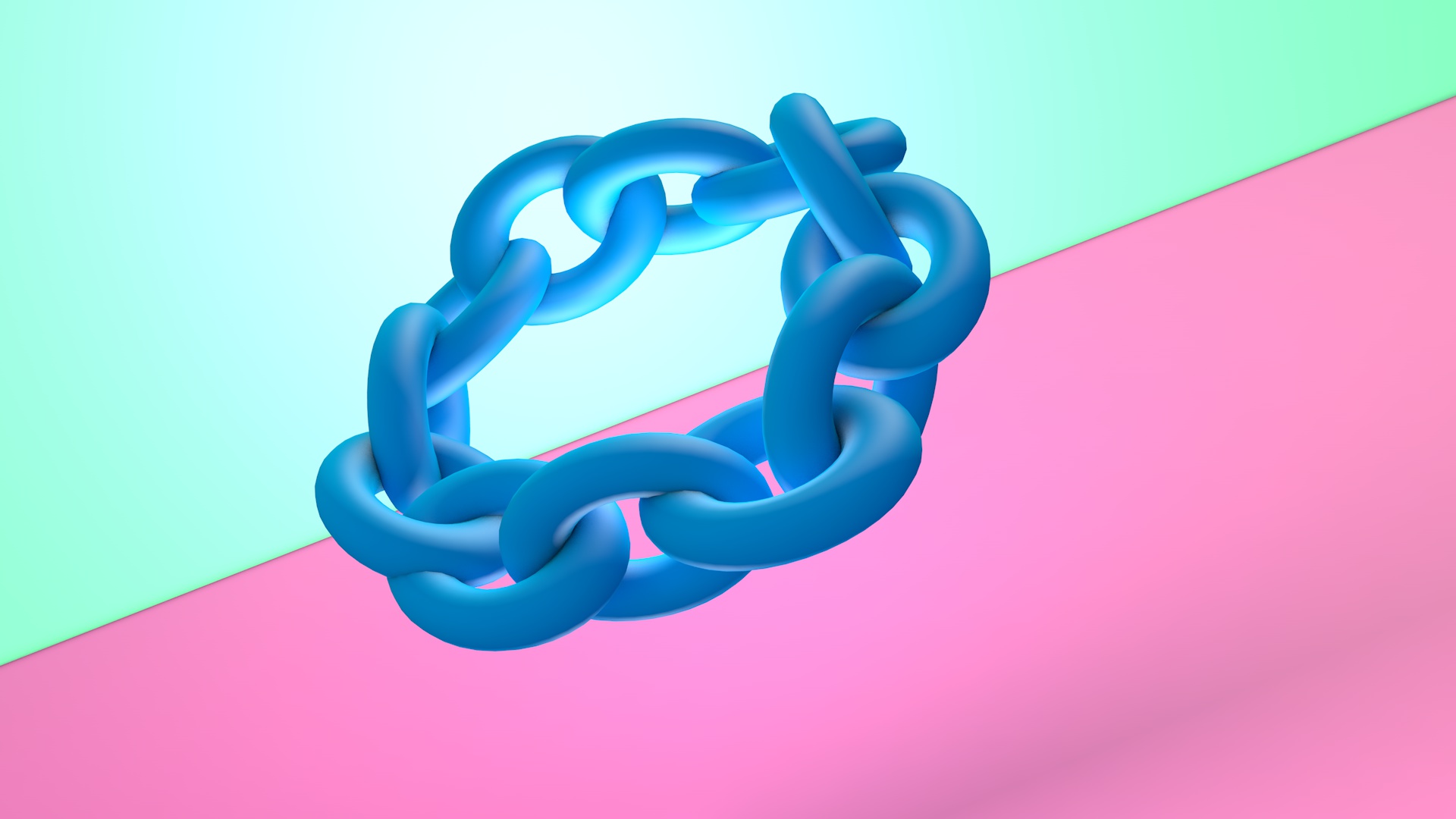 A chain circle made of thick blue links on a green and pink background.
