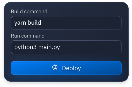 An example of deployments build and run commands, such as what you'd see in a package.json file.